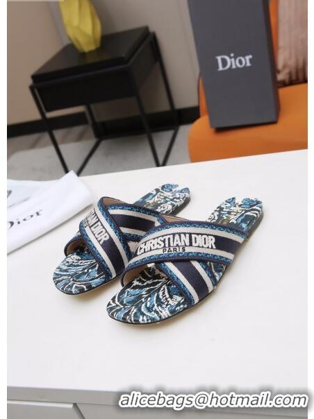 New Cheap Dior Cross Strap Flat Slide Sandal in Cotton Embroidery CD3001 Blue 2021