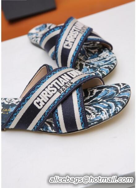 New Cheap Dior Cross Strap Flat Slide Sandal in Cotton Embroidery CD3001 Blue 2021