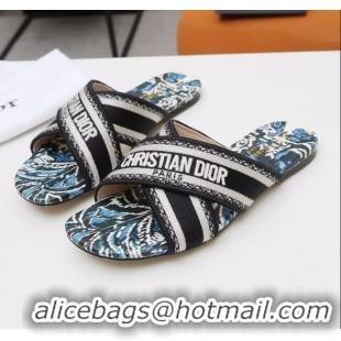 Discount Dior Cross Strap Flat Slide Sandal in Cotton Embroidery CD3001 Black/White 2021