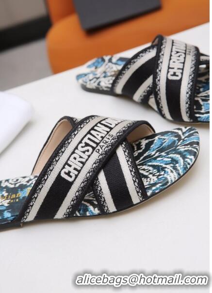 Discount Dior Cross Strap Flat Slide Sandal in Cotton Embroidery CD3001 Black/White 2021