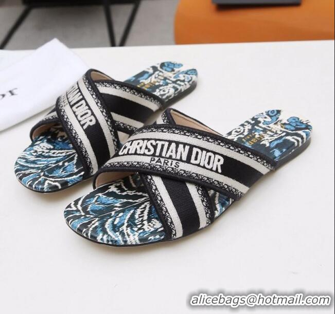 Discount Dior Cross Strap Flat Slide Sandal in Cotton Embroidery CD3001 Black/White 2021