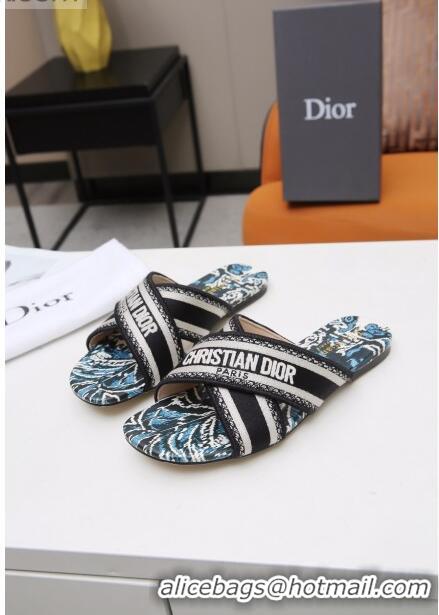 Discount Dior Cross Strap Flat Slide Sandal in Cotton Embroidery CD3001 Black/White 2021