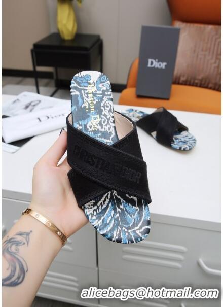 Top Quality Dior Cross Strap Flat Slide Sandal in Cotton Embroidery CD3001 Black 02 2021