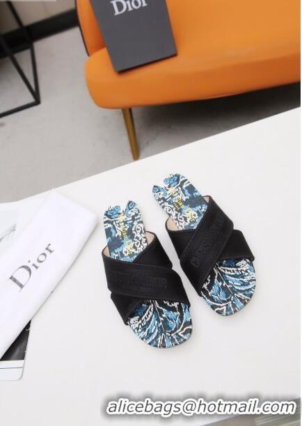 Top Quality Dior Cross Strap Flat Slide Sandal in Cotton Embroidery CD3001 Black 02 2021