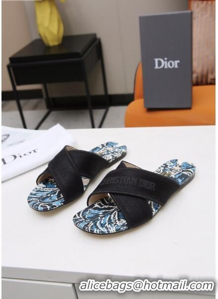 Top Quality Dior Cross Strap Flat Slide Sandal in Cotton Embroidery CD3001 Black 02 2021