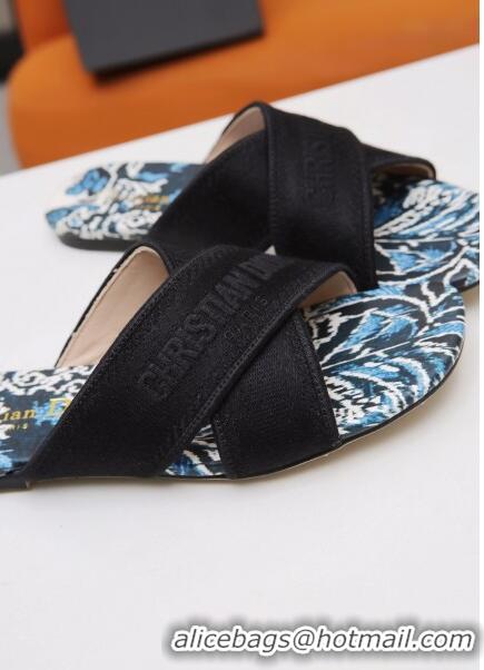 Top Quality Dior Cross Strap Flat Slide Sandal in Cotton Embroidery CD3001 Black 02 2021