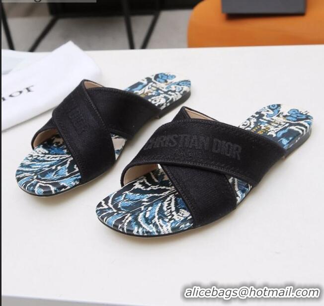 Top Quality Dior Cross Strap Flat Slide Sandal in Cotton Embroidery CD3001 Black 02 2021