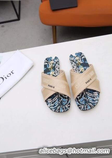 Best Price Dior Cross Strap Flat Slide Sandal in Cotton Embroidery CD3001 Apricot 2021