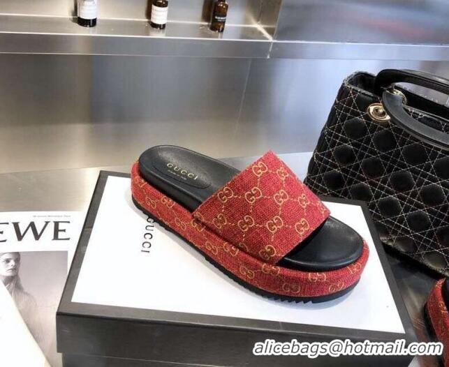 Top Quality Gucci GG Canvas Platform Slide Sandal 573018 Red 2021