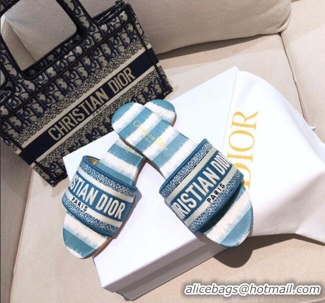 Trendy Design Dior Dway Flat Slide Sandals in CD0718 Ocean Blue D-Stripes Embroidered Cotton 2021