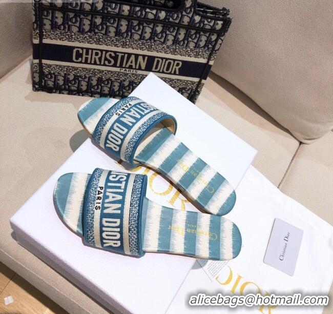 Trendy Design Dior Dway Flat Slide Sandals in CD0718 Ocean Blue D-Stripes Embroidered Cotton 2021