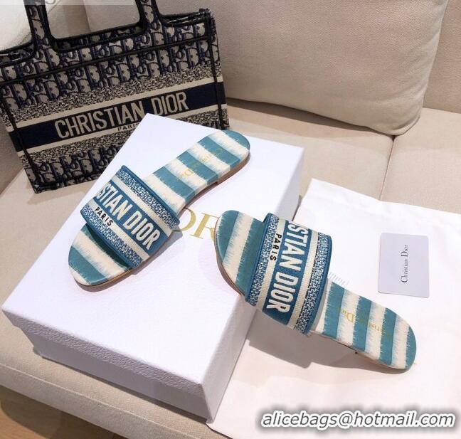 Trendy Design Dior Dway Flat Slide Sandals in CD0718 Ocean Blue D-Stripes Embroidered Cotton 2021