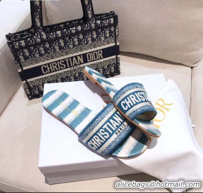 Trendy Design Dior Dway Flat Slide Sandals in CD0718 Ocean Blue D-Stripes Embroidered Cotton 2021