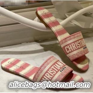 Promotional Dior Dway Flat Slide Sandals in CD0718 Pink D-Stripes Embroidered Cotton 2021