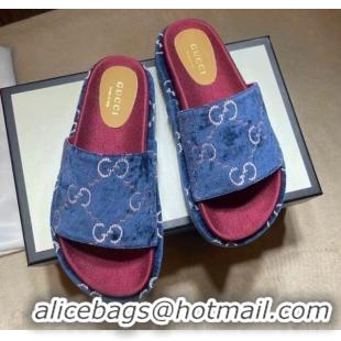 Cheap Price Gucci Velvet GG Platform Slide Sandal 573018 Blue 2021