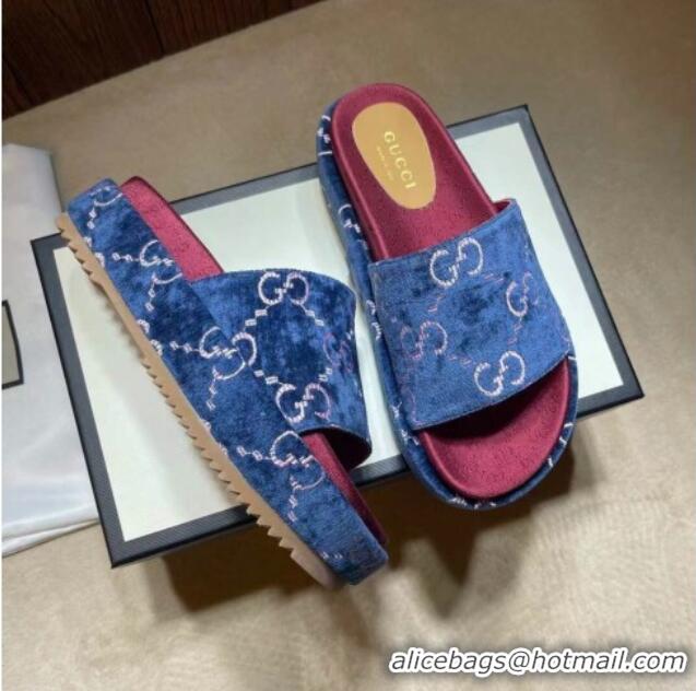 Cheap Price Gucci Velvet GG Platform Slide Sandal 573018 Blue 2021