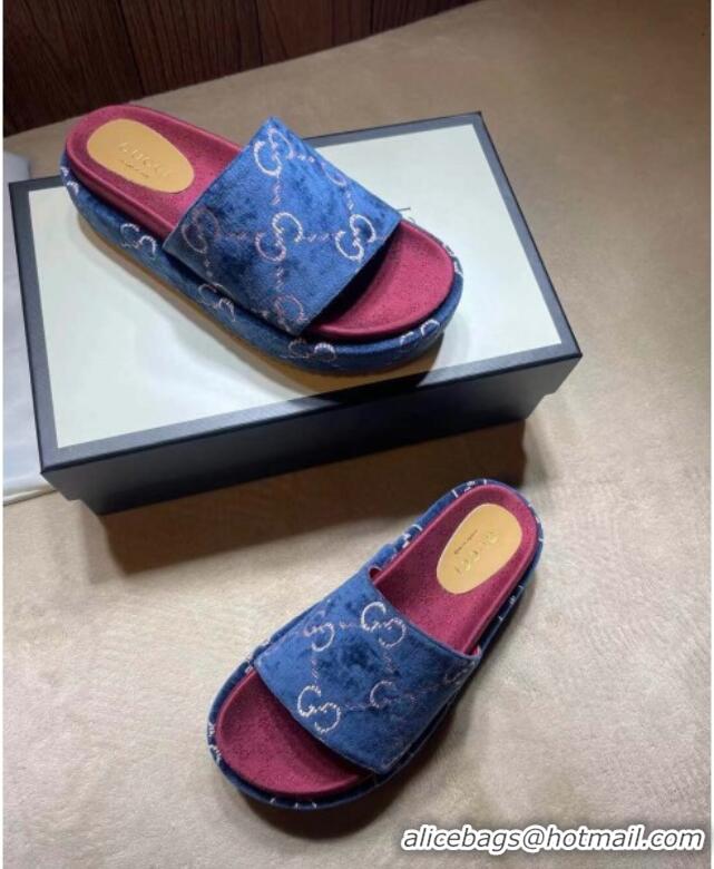 Cheap Price Gucci Velvet GG Platform Slide Sandal 573018 Blue 2021