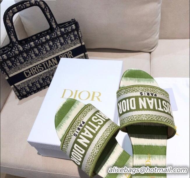 Top Design Dior Dway Flat Slide Sandals in CD0718 Green D-Stripes Embroidered Cotton 2021