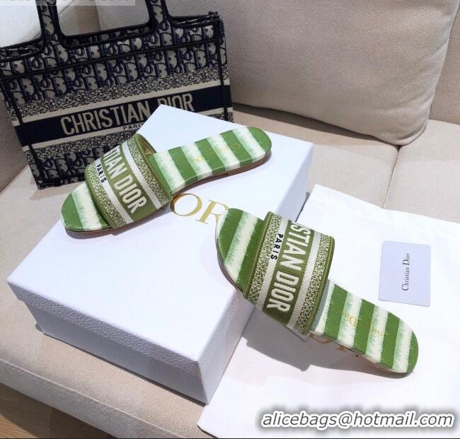 Top Design Dior Dway Flat Slide Sandals in CD0718 Green D-Stripes Embroidered Cotton 2021