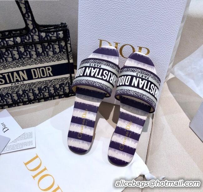 Best Price Dior Dway Flat Slide Sandals in CD0718 Purple D-Stripes Embroidered Cotton 2021