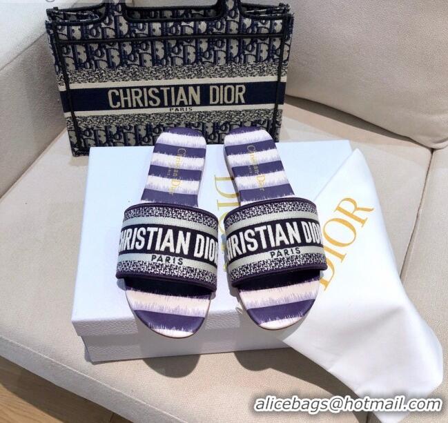 Best Price Dior Dway Flat Slide Sandals in CD0718 Purple D-Stripes Embroidered Cotton 2021