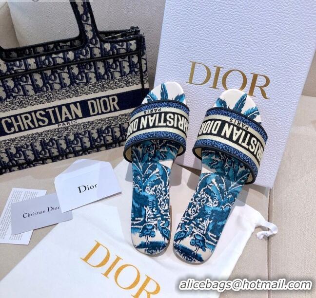 Refined Dior Dway Flat Slide Sandals in CD0719 Indigo Blue Palms Embroidered Cotton 2021