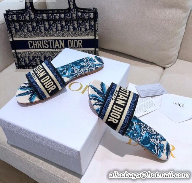 Refined Dior Dway Flat Slide Sandals in CD0719 Indigo Blue Palms Embroidered Cotton 2021