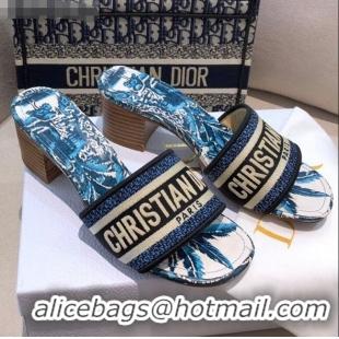 Affordable Price Dior Dway Heeled Slide Sandals in CD0723 Ocean Blue D-Stripes Embroidered Cotton 2021