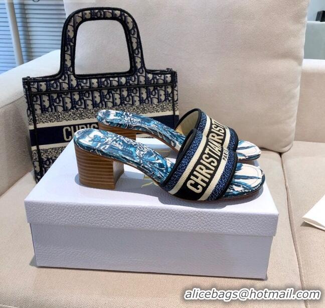 Affordable Price Dior Dway Heeled Slide Sandals in CD0723 Ocean Blue D-Stripes Embroidered Cotton 2021