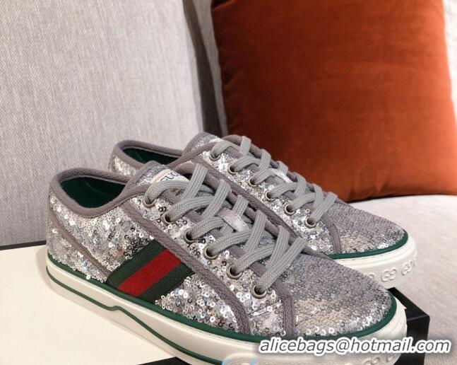 Low Cost Gucci Tennis 1977 Sequins Low-Top Sneakers 012736 Silver 2021