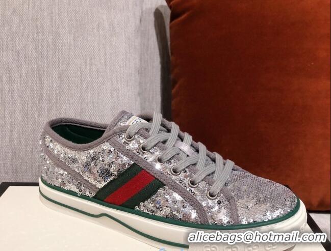 Low Cost Gucci Tennis 1977 Sequins Low-Top Sneakers 012736 Silver 2021