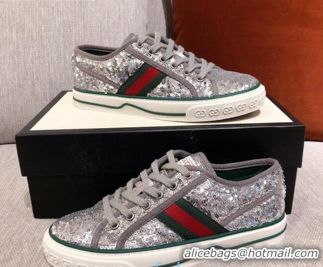 Low Cost Gucci Tennis 1977 Sequins Low-Top Sneakers 012736 Silver 2021