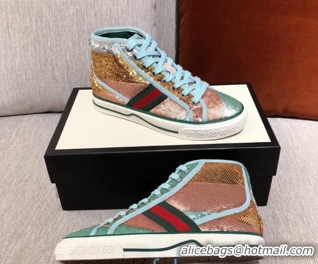 Popular Style Gucci Tennis 1977 Sequins High-Top Sneakers 012739 Green