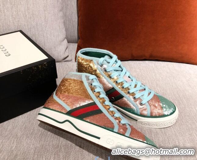 Popular Style Gucci Tennis 1977 Sequins High-Top Sneakers 012739 Green