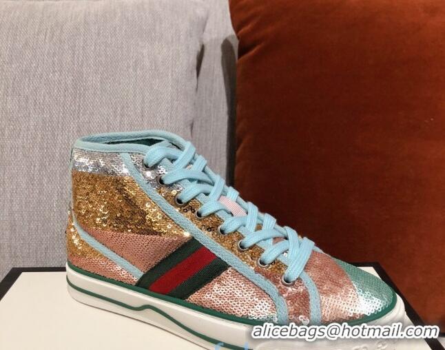 Popular Style Gucci Tennis 1977 Sequins High-Top Sneakers 012739 Green