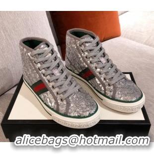 Shop Duplicate Gucci Tennis 1977 Sequins High-Top Sneakers 012739 Silver