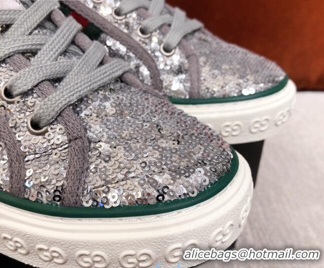 Shop Duplicate Gucci Tennis 1977 Sequins High-Top Sneakers 012739 Silver