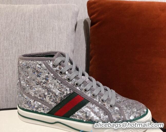 Shop Duplicate Gucci Tennis 1977 Sequins High-Top Sneakers 012739 Silver