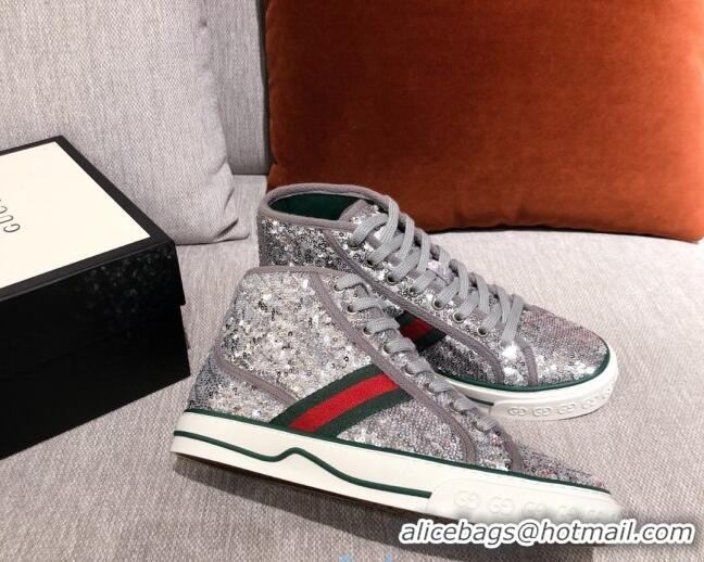 Shop Duplicate Gucci Tennis 1977 Sequins High-Top Sneakers 012739 Silver