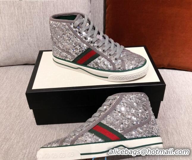 Shop Duplicate Gucci Tennis 1977 Sequins High-Top Sneakers 012739 Silver