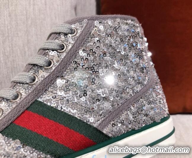 Shop Duplicate Gucci Tennis 1977 Sequins High-Top Sneakers 012739 Silver