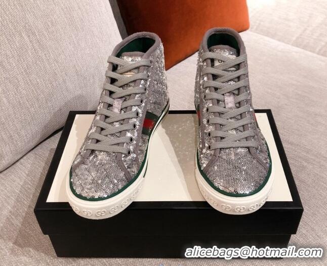 Shop Duplicate Gucci Tennis 1977 Sequins High-Top Sneakers 012739 Silver