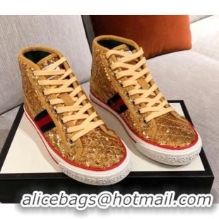 Classic Hot Gucci Tennis 1977 Sequins High-Top Sneakers 012739 Gold