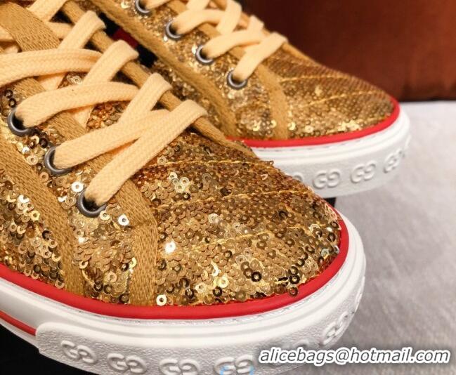 Classic Hot Gucci Tennis 1977 Sequins High-Top Sneakers 012739 Gold