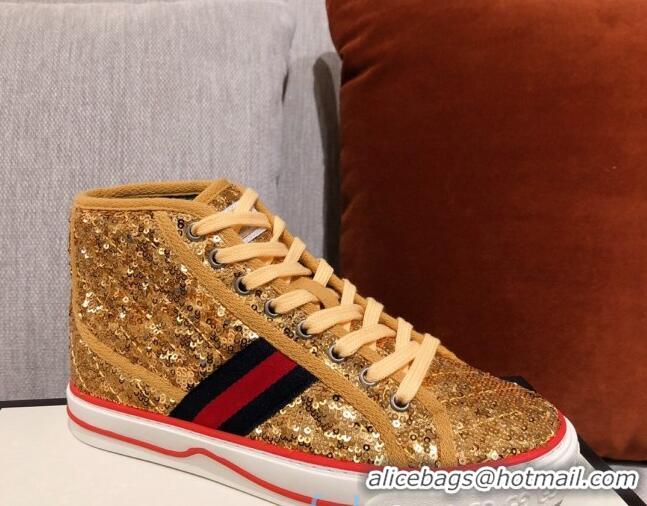 Classic Hot Gucci Tennis 1977 Sequins High-Top Sneakers 012739 Gold