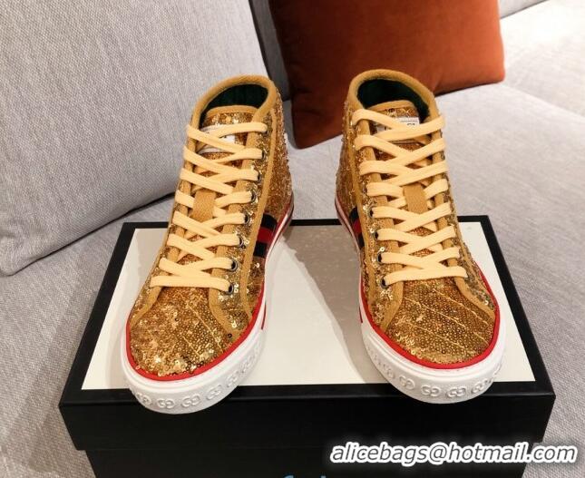 Classic Hot Gucci Tennis 1977 Sequins High-Top Sneakers 012739 Gold