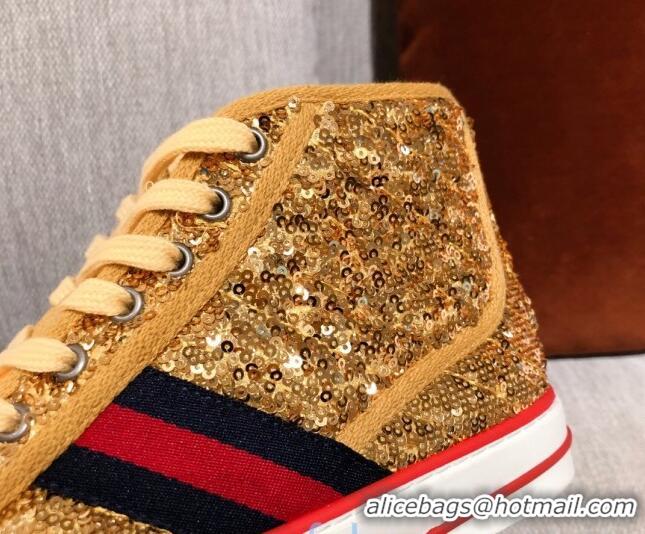 Classic Hot Gucci Tennis 1977 Sequins High-Top Sneakers 012739 Gold