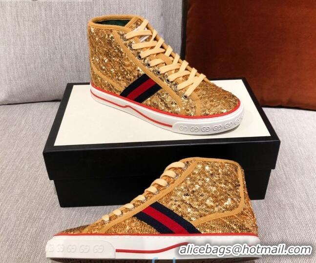 Classic Hot Gucci Tennis 1977 Sequins High-Top Sneakers 012739 Gold