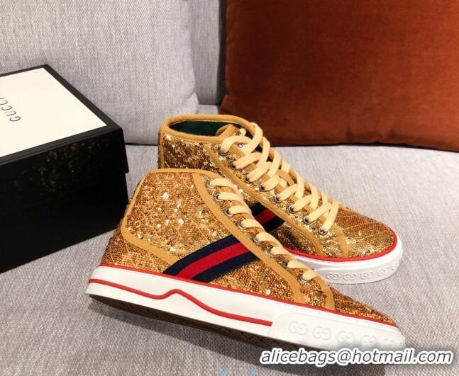 Classic Hot Gucci Tennis 1977 Sequins High-Top Sneakers 012739 Gold