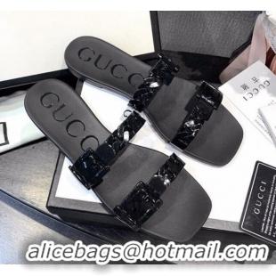 Super Quality Gucci PVC Chain Flat Slide Sandals 022586 All Black